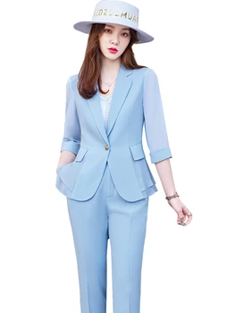 Синий Белый Черный Облегающий деловой брючный костюм для женщин, Офисная женская рабочая одежда, комплект из 2 предметов, Женский официальный Блейзер, куртка и брюки