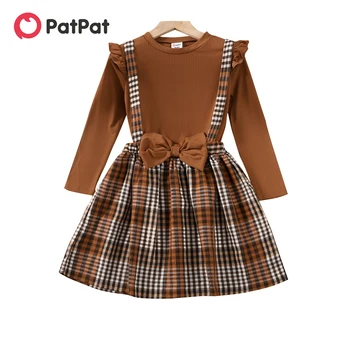 PatPat Комплект из 2 предметов для девочек, футболка в рубчик с оборками и 3D бантом, клетчатая юбка на подтяжках