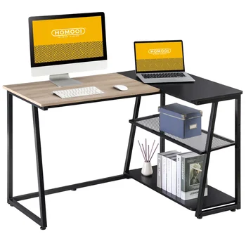 Современный L-образный МДФ 47,2 дюйма, портативный компьютерный стол с полками, черные/бежевые офисные столы