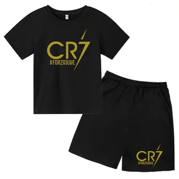 Комплект летней одежды CR7 для мальчиков и девочек, Детская футболка + шорты, комплект из 2 предметов, Солнечный очаровательный модный спортивный костюм для тренировок на открытом воздухе