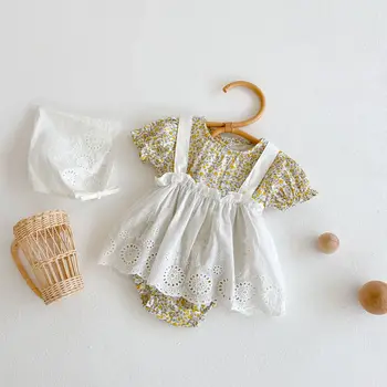 Летняя модная одежда из 3 предметов для маленьких девочек, комбинезон с короткими рукавами и цветочным рисунком, белый комбинезон, платье с шапочкой