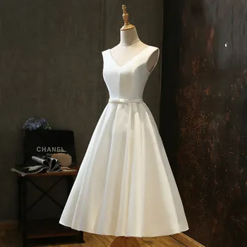 Вечернее платье на заказ для свадебной вечеринки, атласное короткое простое свадебное платье с V-образным вырезом