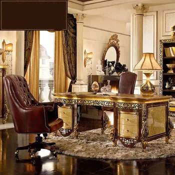 Роскошный письменный стол из массива дерева в европейском стиле, итальянский стол с золотым рисунком, комбинация кожаных вращающихся кресел для отдыха