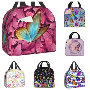 Розовая Цветная бабочка Изолированная сумка для ланча Портативные сумки для ланча для девочек Женщин Многоразовые Герметичные коробки для ланча для Пикника Путешествий Работы