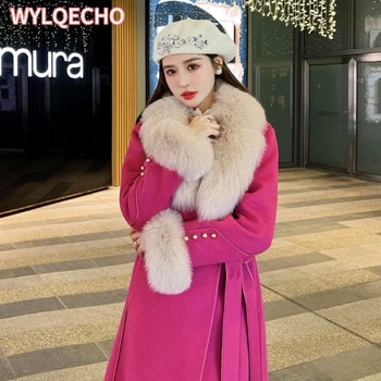 Большой Размер 5XL Шерстяное Пальто Женское Зимнее Корейское Модное С воротником из Лисьего Меха Розово-Красное Длинное Кашемировое Пальто Повседневное Свободное Теплое Пальто 2023 Новинка