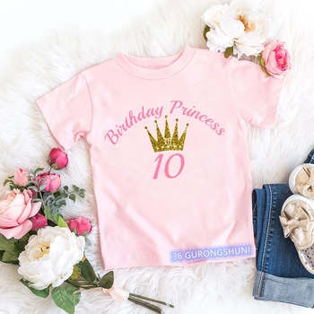 Кавайная футболка для девочек с милым номером на День рождения от 4 до 13 лет, Одежда для девочек на День Рождения с принтом Короны, Летняя розовая футболка в стиле Харадзюку, Топы