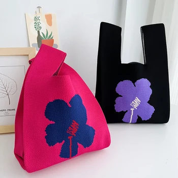 Женская сумочка ручной вязки, мини-сумка на запястье с узлом, Женская повседневная цветная сумка в широкую полоску, студенческая многоразовая сумка для покупок