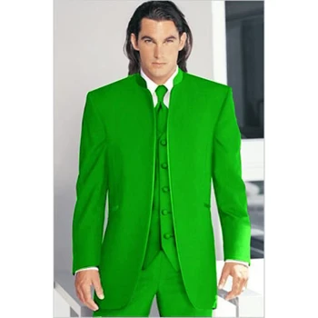 Сшитый по индивидуальному заказу мужской костюм на заказ с зеленым воротником Мадарин, мужские смокинги для женихов (куртка + Брюки + жилет) 14012305