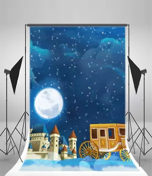 Фон для фотосъемки Замок, Сказочная Карета с тыквой, Сияющая Луна, Мерцающая Звезда, Голубое небо, Мультяшная Принцесса