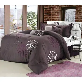 Комплект одеял с цветочной вышивкой Chelsia, 8 предметов, королева, фиолетовый