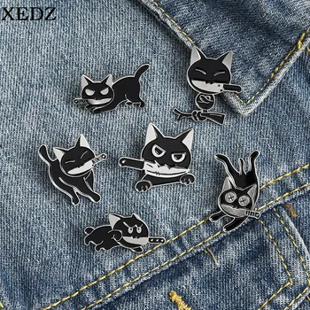 Эмалированная булавка XEDZ Killer Cat, Забавное животное, Брошь в виде ножа с черным котом, Джинсовый рюкзак, значок на лацкане, Мультяшные украшения, подарки для друзей и детей