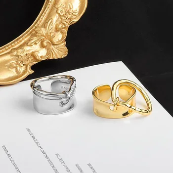 Мода Стерлингового серебра 925 пробы, Очаровательные нерегулярные двухслойные дизайнерские кольца с волнами, Кольца золотого цвета, ювелирные изделия для женщин, подарок для пары мужчин