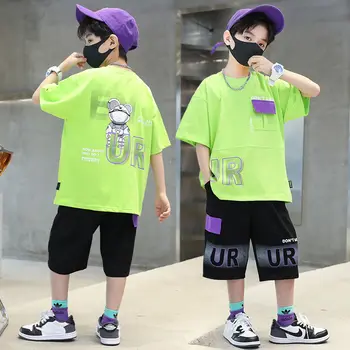 Спортивный костюм для мальчиков, Летняя подростковая футболка с коротким рукавом + Брюки-карго, Детская хлопковая спортивная одежда, комплект из 2 предметов, Костюмы для детей, мальчиков 5-14 лет