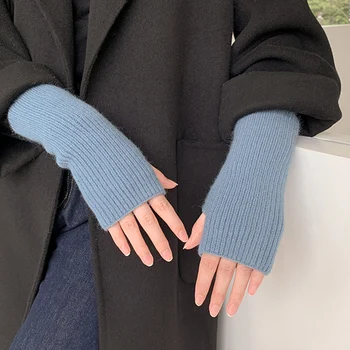 Зимние перчатки на полпальца для женщин, модные женские перчатки из мягкой шерсти, вязаные крючком, Однотонные перчатки без пальцев