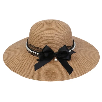 Женская пляжная соломенная шляпа с жемчугом и кружевным бантом, женская солнцезащитная шляпа, Упаковываемые Пляжные аксессуары для отдыха