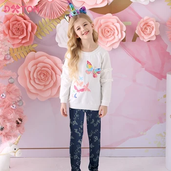 DXTON/ Детская повседневная одежда, детский свитер с мультяшным принтом в виде бабочки, топы и эластичные брюки-карандаш, комплект одежды для девочек, костюмы