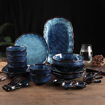 Набор Винтажной посуды Nordic Blue, Глазированная В Печи Керамическая Тарелка для Рисового Салата, Круглое Блюдо, Обеденная Тарелка, Миска, Набор посуды, сейф для микроволновой печи