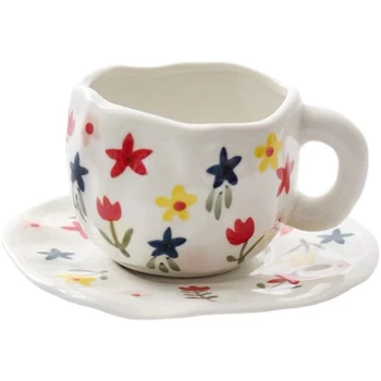 300 мл, Керамическая кофейная чашка с ручной росписью в виде цветка, Кружка для домашнего офиса с блюдцем, Чашка с ручкой для молока, сока, чая, Подарок, Микроволновая печь, Сейф
