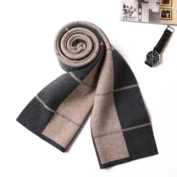 Длинные шарфы из 100% овечьей шерсти высшего качества, осенне-зимний классический клетчатый теплый вязаный шарф, Деловой мужской шарф из чистой шерсти