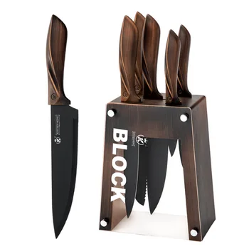 Набор ножей из нержавеющей стали с держателем для ножей Черный Кухонный 6 шт. Нож шеф-повара из нержавеющей стали с деревянной ручкой