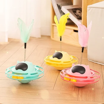 Интерактивная игрушка-неваляшка для кошек с тизером из перьев, Мячик для погони за домашними кошками