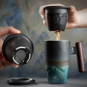 Чашка для чая с керамическим фильтром, чашка для чая ручной работы с офисной крышкой, синяя, креативная, красивая чашка с глазурью в стиле ретро Дэхуа