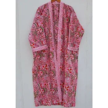 Хлопковое кимоно с цветочным принтом, макси-халат, ночное платье, халат-накидка