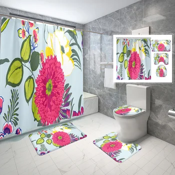 Комплект занавески для душа с цветочным рисунком, Креативная красочная художественная занавеска для ванной комнаты, Водонепроницаемая занавеска для ванны, Нескользящий коврик для ванной, Набор туалетных принадлежностей