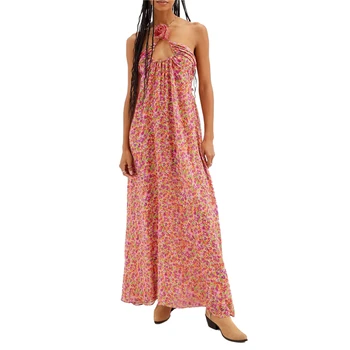 Женское Летнее платье y2k с цветочным рисунком, без рукавов, с открытой спиной, с завязками на шее, с 3D цветком, эстетическое платье 2000-х, Пляжная одежда