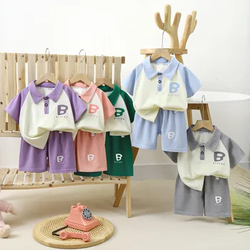 Детский комплект с коротким рукавом, Летние тонкие Новые вафельные шорты для мальчиков, Комплект летней одежды, детская одежда