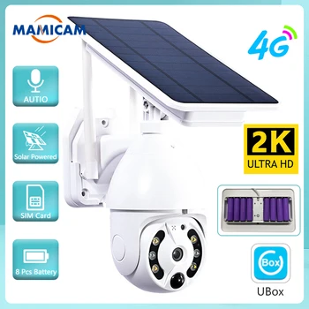 4G SIM-карта Солнечная Камера 4MP 2K IP WIFI Камеры видеонаблюдения Наружная Защита Безопасности Низкая Мощность Движения PIR 8ШТ 18650 Аккумулятор