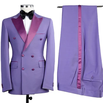 Светло-фиолетовые костюмы из 2 предметов с отворотом, Деловые Повседневные Высококачественные Мужские костюмы, Свадебные Смокинги (куртка + брюки), Мужские костюмы на заказ