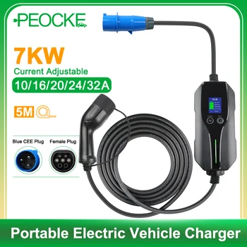 Портативное Зарядное устройство Peocke для Электромобилей EV 32A 7KW EVSE Тип Зарядного кабеля 2 IEC62196 CEE Plug Controller Wallbox Отложенная Зарядка