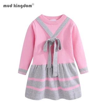 Mudkingdom/ платье-свитер для маленьких девочек, Школьная осенняя одежда в милую полоску с бантом для девочек, Платья с длинным рукавом, весенне-осенняя одежда