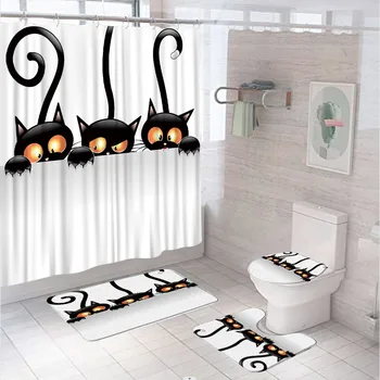 Мультяшный черный кот, наборы занавесок для душа, нескользящий коврик, коврик для ванной, крышка унитаза, милые забавные животные, детские занавески для ванной