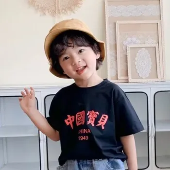 Летняя одежда в китайском стиле, футболки с короткими рукавами для мальчиков и девочек, Детская верхняя одежда с короткими рукавами, рубашки с иностранным газом