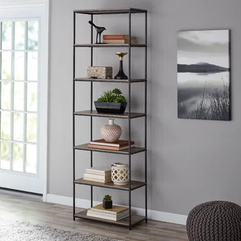 Книжный шкаф с металлическим каркасом на 6 полок, коричневая книжная полка в деревенском стиле, мебель для гостиной, мебель для дома