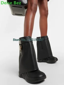 Дизайнерские ботинки на толстой подошве с черным замком Для женщин, Роскошная дизайнерская обувь на молнии сбоку с круглым носком до середины икры, модная обувь для подиума