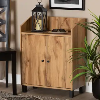 Современный двухдверный шкаф для хранения обуви с отделкой из дерева цвета дуба и коричневого дерева