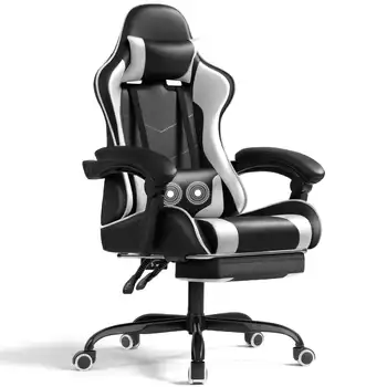Игровое кресло Lacoo из Искусственной кожи, Массажное Эргономичное Кресло для Геймеров, Регулируемое по Высоте Компьютерное Кресло с Подставкой для ног и поясничной опорой