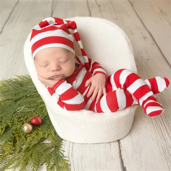 Одежда для фотосъемки новорожденных, Боди в красно-белую полоску, комбинезон, Шляпа Для мальчика, Рождественский наряд Эльфа, Пижамный комплект с узлом для новорожденных