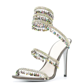 Босоножки на щиколотке с подвеской в виде кристаллов, обертывание в виде змеи, Свадебные туфли на высоком каблуке с открытым носком, Женские летние модные роскошные туфли-лодочки 2023 г.